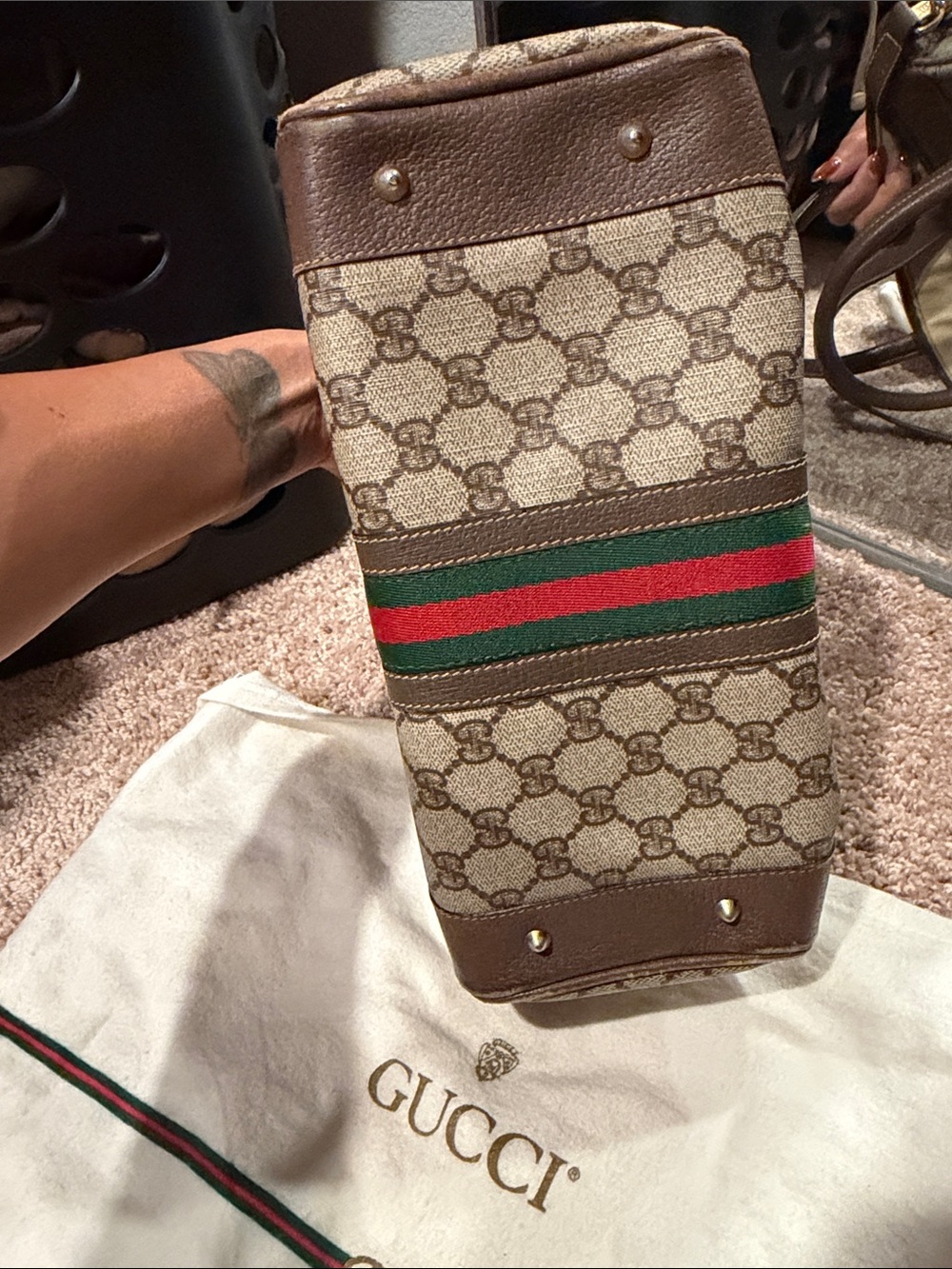 Gucci Brown GG Supreme Canvas Top Handle Satchel with Green-Red Web - Picture 5 of 14